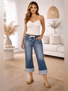 Cropped Wide Leg Denim Pants XL | Drawstring Waist Lightweight Summer Jeans Boho